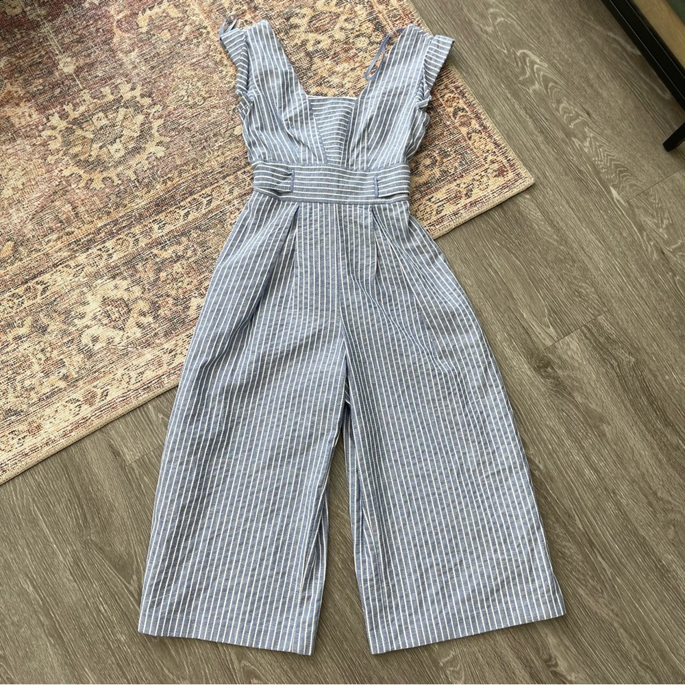1901 Square Neck Cotton Striped Cropped Jumpsuit